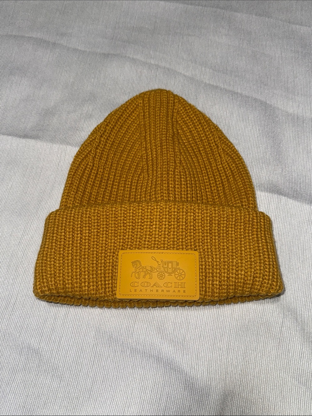 Coach Mustard Yellow Wool Blend Logo Patch Ribbed Knit Beanie Hat OS